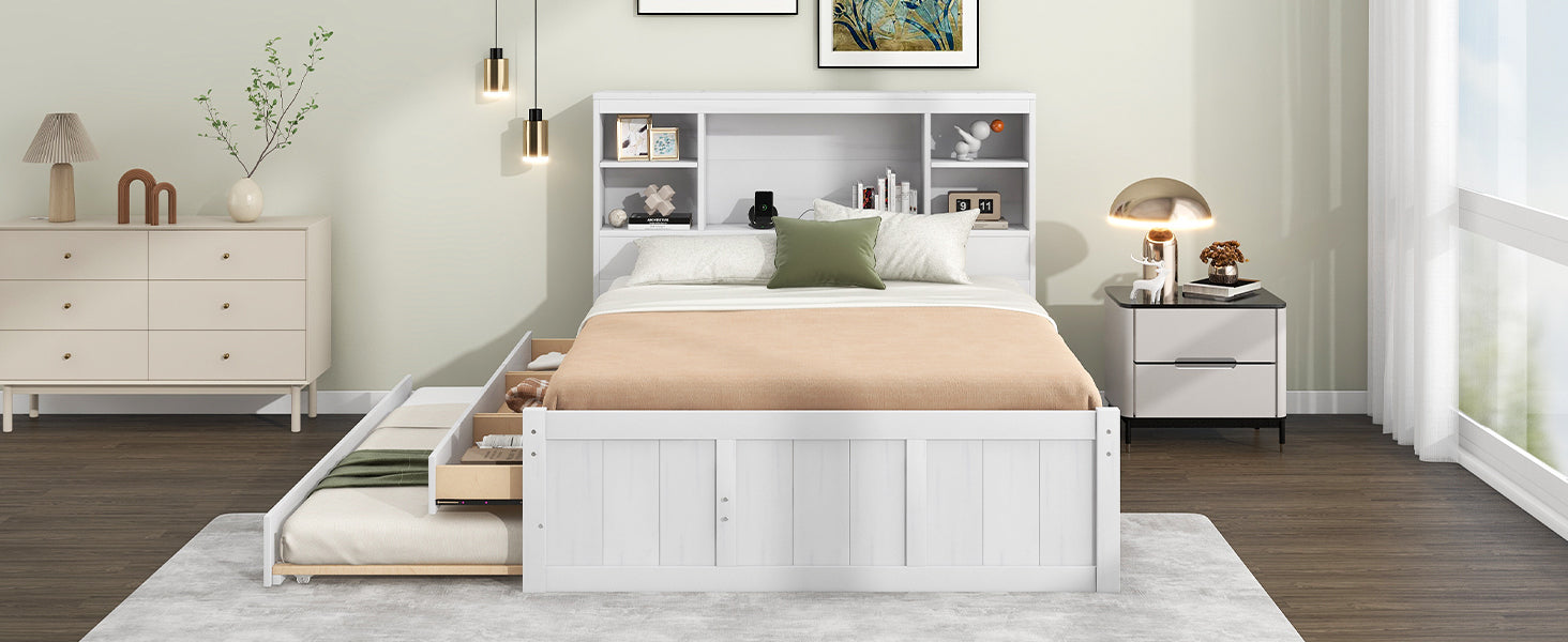 Full Size Platform Bed with Storage Headboard, Charging Station, Twin Size Trundle and 3 Drawers, Antique White - Atlantic Fine Furniture Melbourne FL