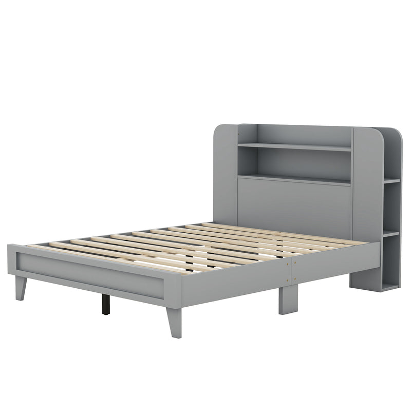 Full Size Platform Bed with Storage Headboard,Multiple Storage Shelves on Both Sides,Grey