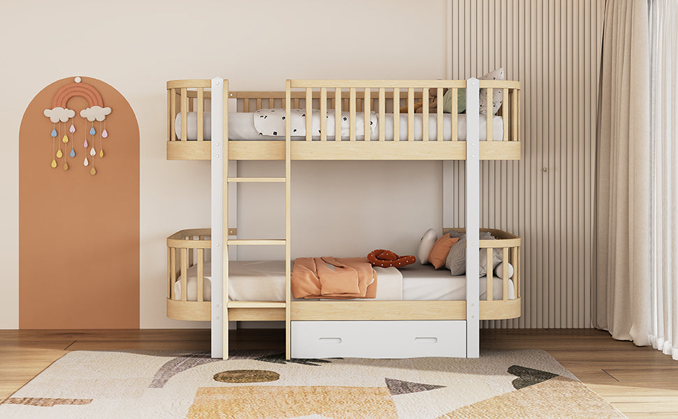 Wood Twin over Twin Bunk Bed with Fence Guardrail and a Big Drawer, Natural White - Atlantic Fine Furniture Melbourne FL