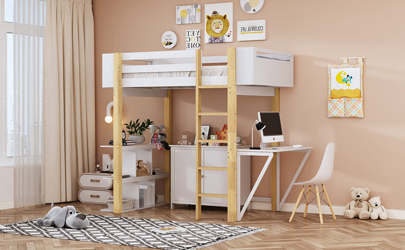 Twin Size Wood Loft Bed With Built-in Storage Cabinet and Cubes, Foldable desk, White