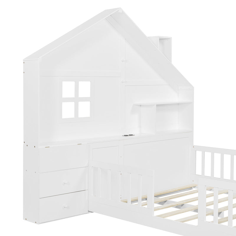 Full Size House Bed With Window And Bedside Drawers, Platform Bed With Shelves And A Set Of Sockets And USB Port - White