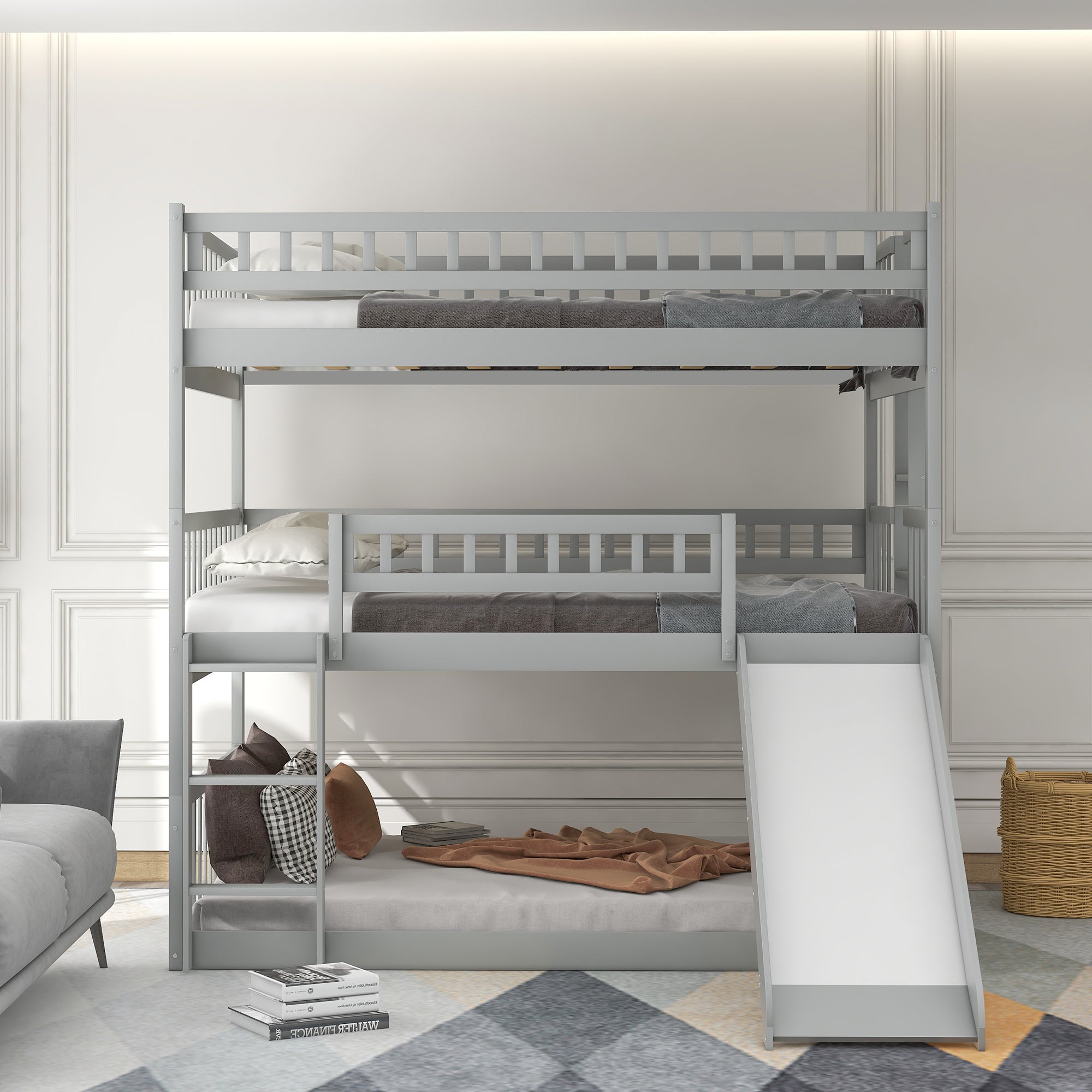 Full-Over-Full-Over-Full Triple Bed with Built-in Ladder and Slide , Triple Bunk Bed with Guardrails, Gray(OLD SKU :LP000052AAE) - Atlantic Fine Furniture Melbourne FL
