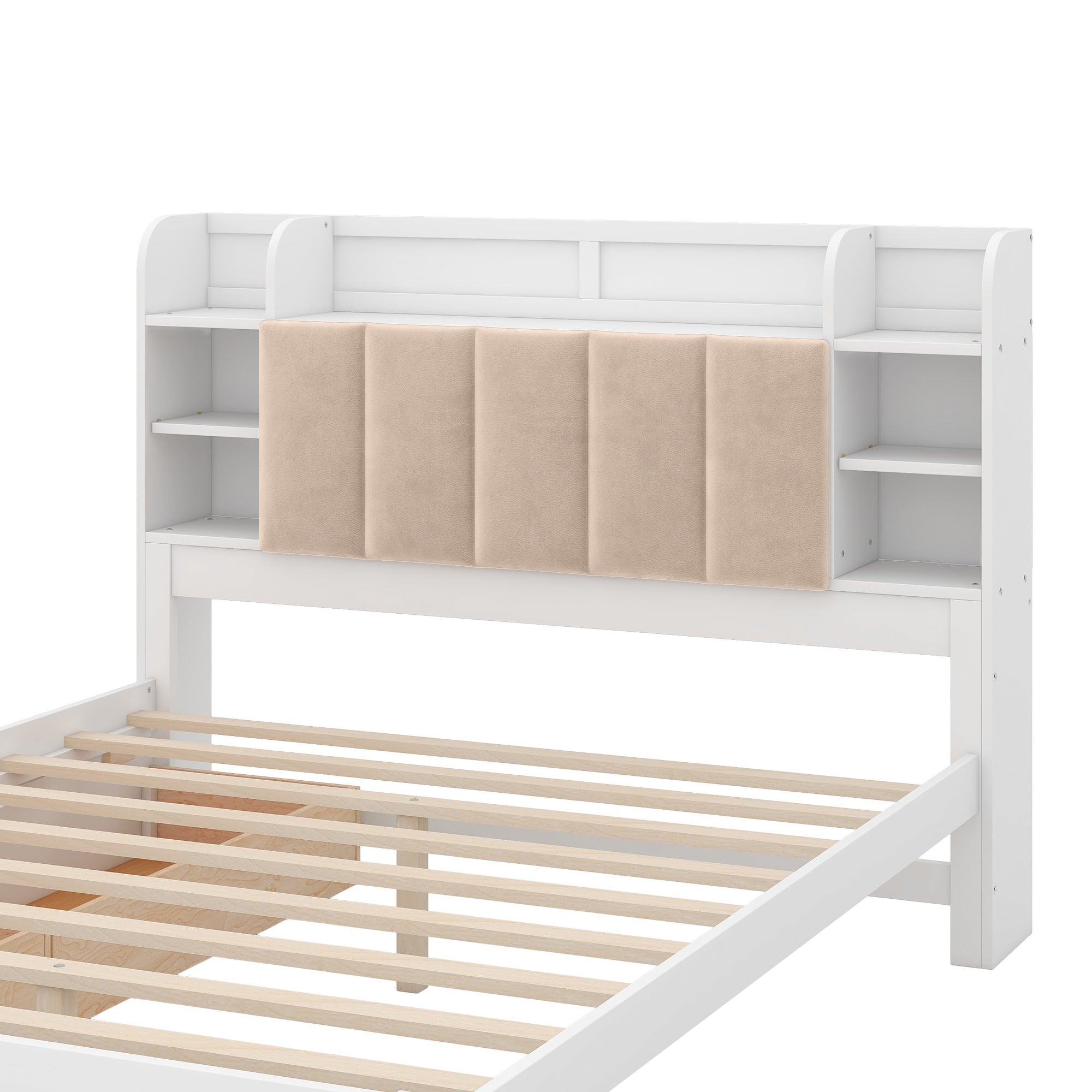 Wood Queen Size Platform Bed with Storage Headboard, Shelves and 2 Drawers, White - Atlantic Fine Furniture Melbourne FL