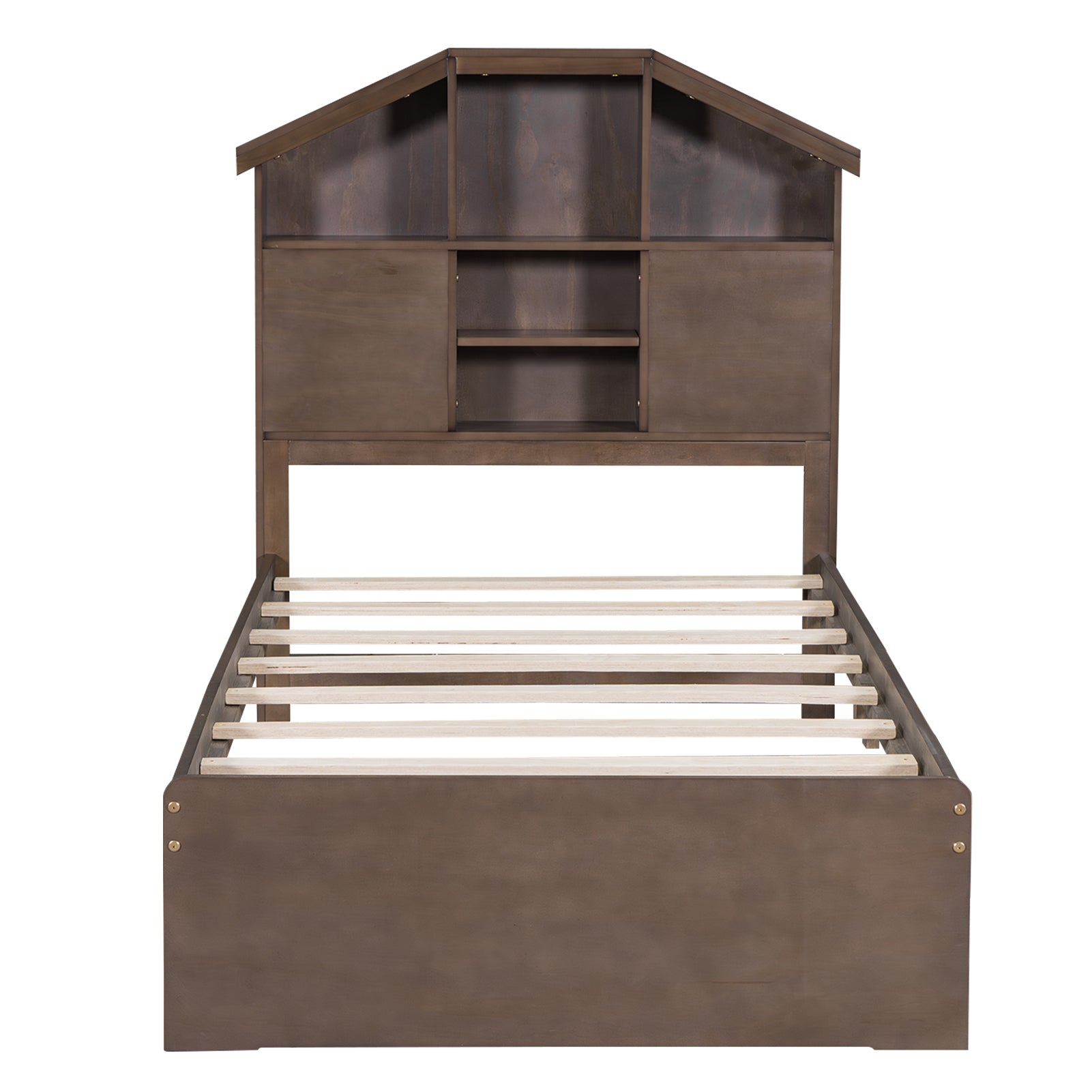 Twin Size Wood Platform Bed with House-shaped Storage Headboard and 2 Drawers, Walnut - Atlantic Fine Furniture Melbourne FL