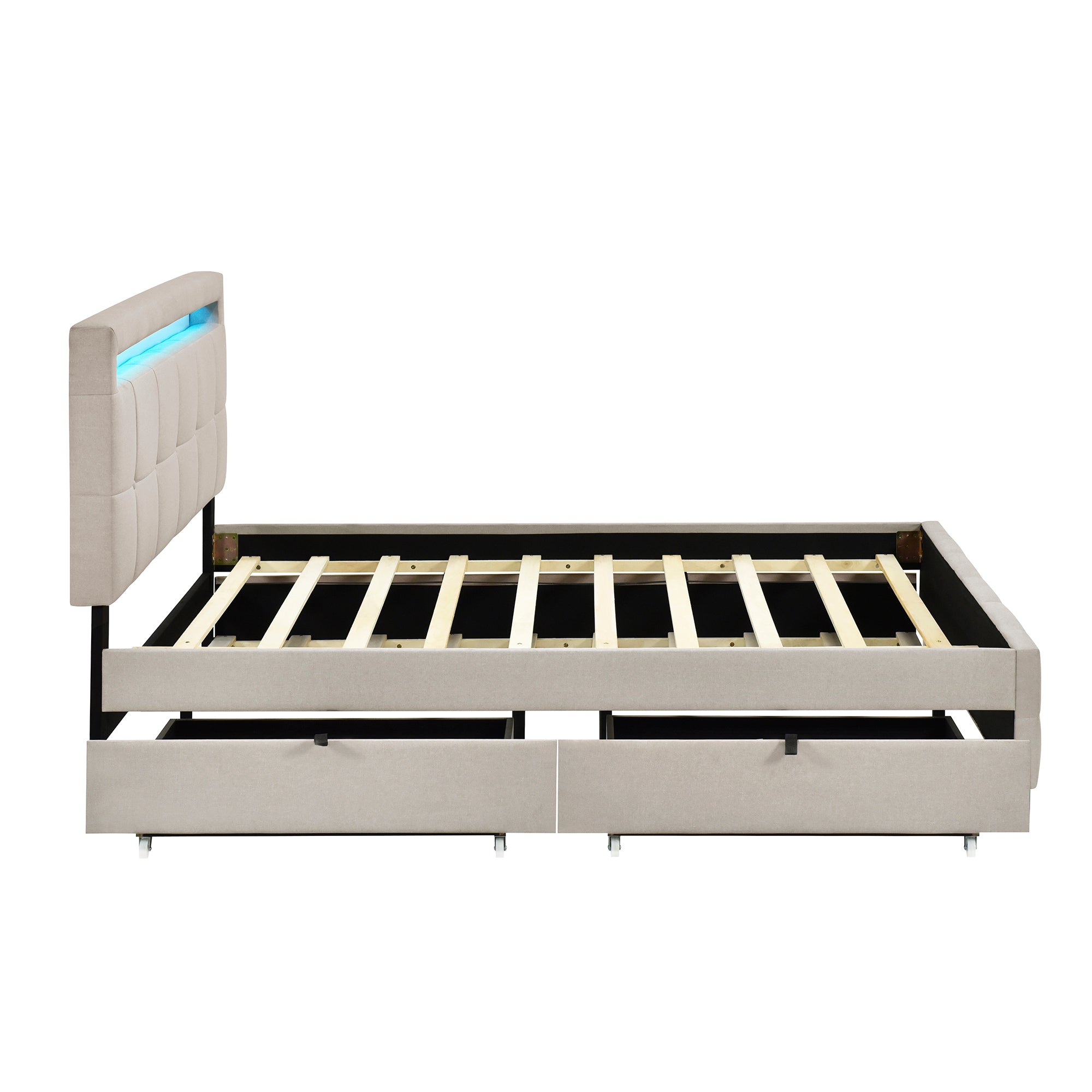 Queen Size Upholstered Platform Bed with LED Frame, with Twin XL Size Trundle and 2 drawers, Linen Fabric, Beige - Atlantic Fine Furniture Melbourne FL