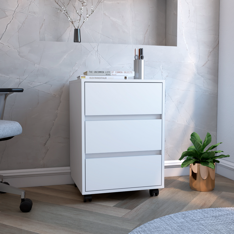 Filing Cabinet, Four Casters, Three Drawers, Top Surface, White