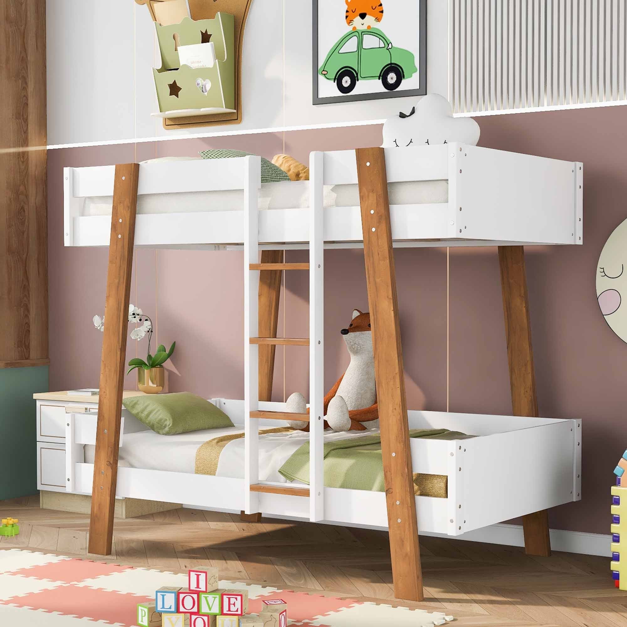 Wood Twin Size Bunk Bed with Built-in Ladder and 4 Wood Color Columns, White - Atlantic Fine Furniture Melbourne FL