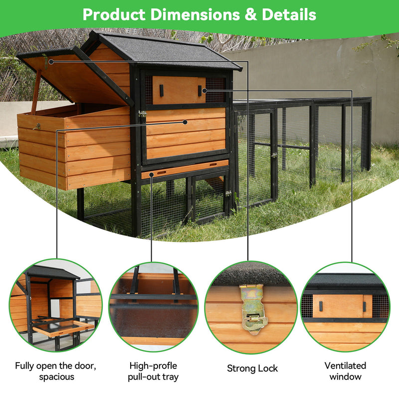 Chicken Coop With Run And Nesting Box, Large Outdoor Hen House For Backyard - Brown / Black