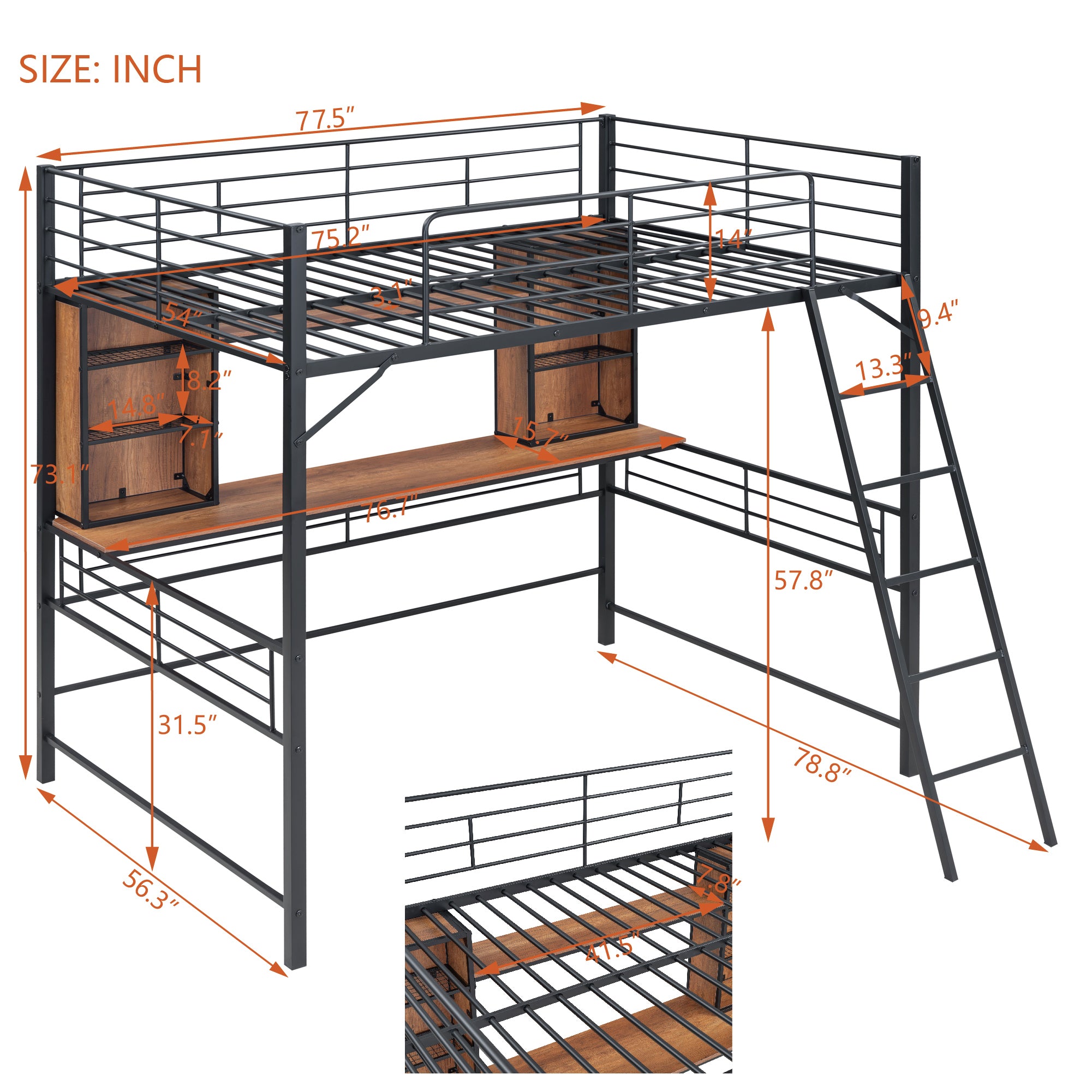 Full Size Loft Bed with Desk and Shelf , Loft Bed with Ladder,Full,Black - Atlantic Fine Furniture Melbourne FL