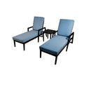 3 Piece Outdoor Patio Lounge Set, 2 Chaise & 1 End Table With Modern Tapered Feet, Pneumatic Adjustable Backrest, Wheels, Sunbrella Cushion - Ember Black / Blue