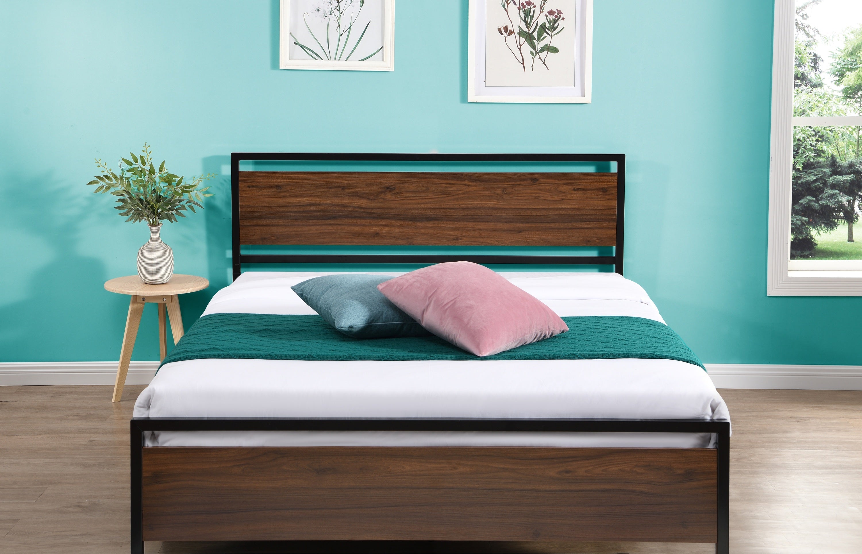 Industrial Platform Queen Bed Frame/Mattress Foundation with Rustic Headboard and Footboard, Strong Steel Slat Support, No Box Spring Needed, Noise Free, Easy Assembly