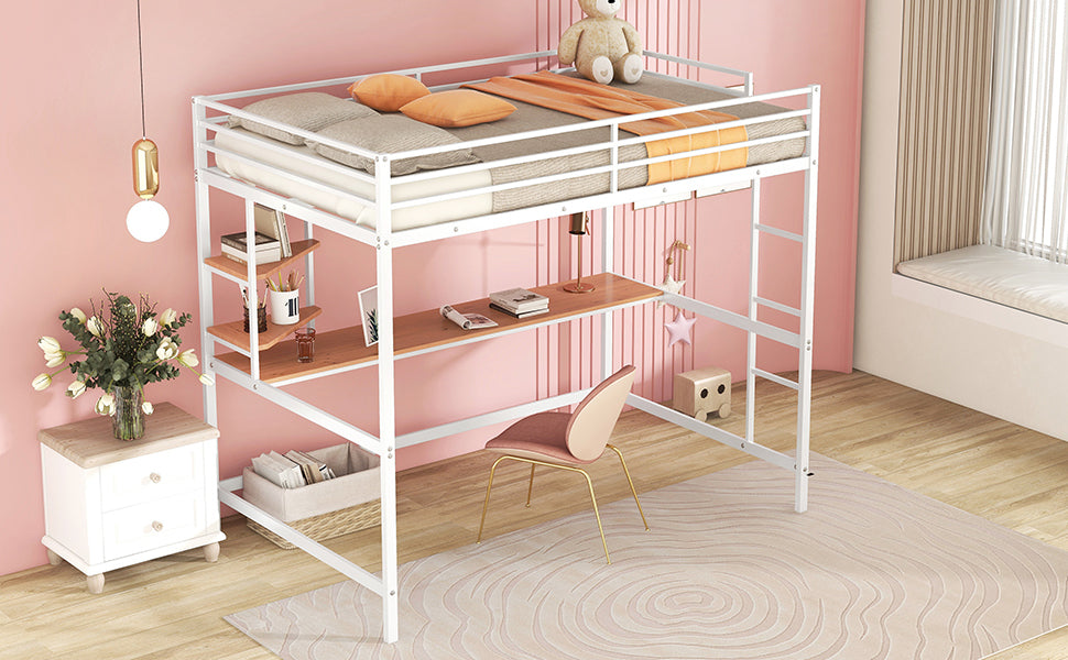 Full Metal Loft Bed with Desk and Shelve, White - Atlantic Fine Furniture Melbourne FL
