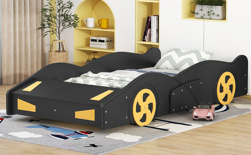 Twin Size Race Car-Shaped Platform Bed with Wheels and Storage, Black+Yellow