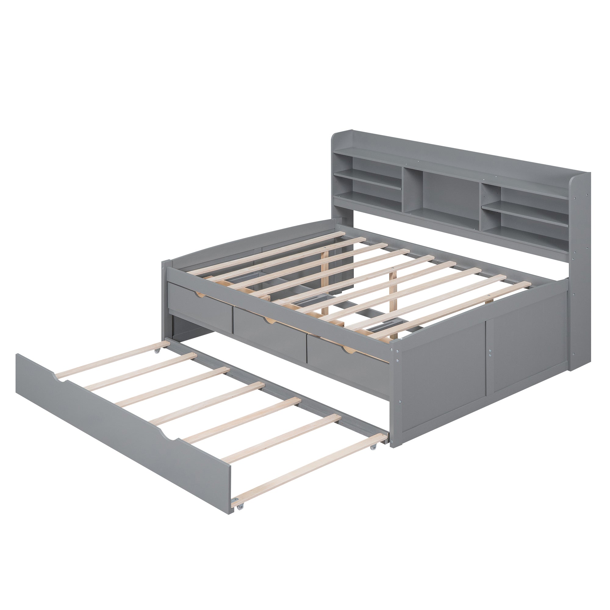 Full Size Wooden Captain Bed with Built-in Bookshelves,Three Storage Drawers and Trundle,Light Grey - Atlantic Fine Furniture Melbourne FL