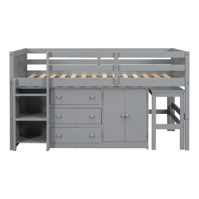 Twin Size Low Loft Bed With Pull-Out Desk, Drawers, Cabinet, and Shelves for Grey Color