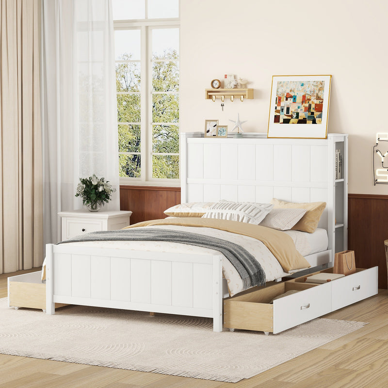 Full Size Platform Bed with Drawers and Storage Shelves, White