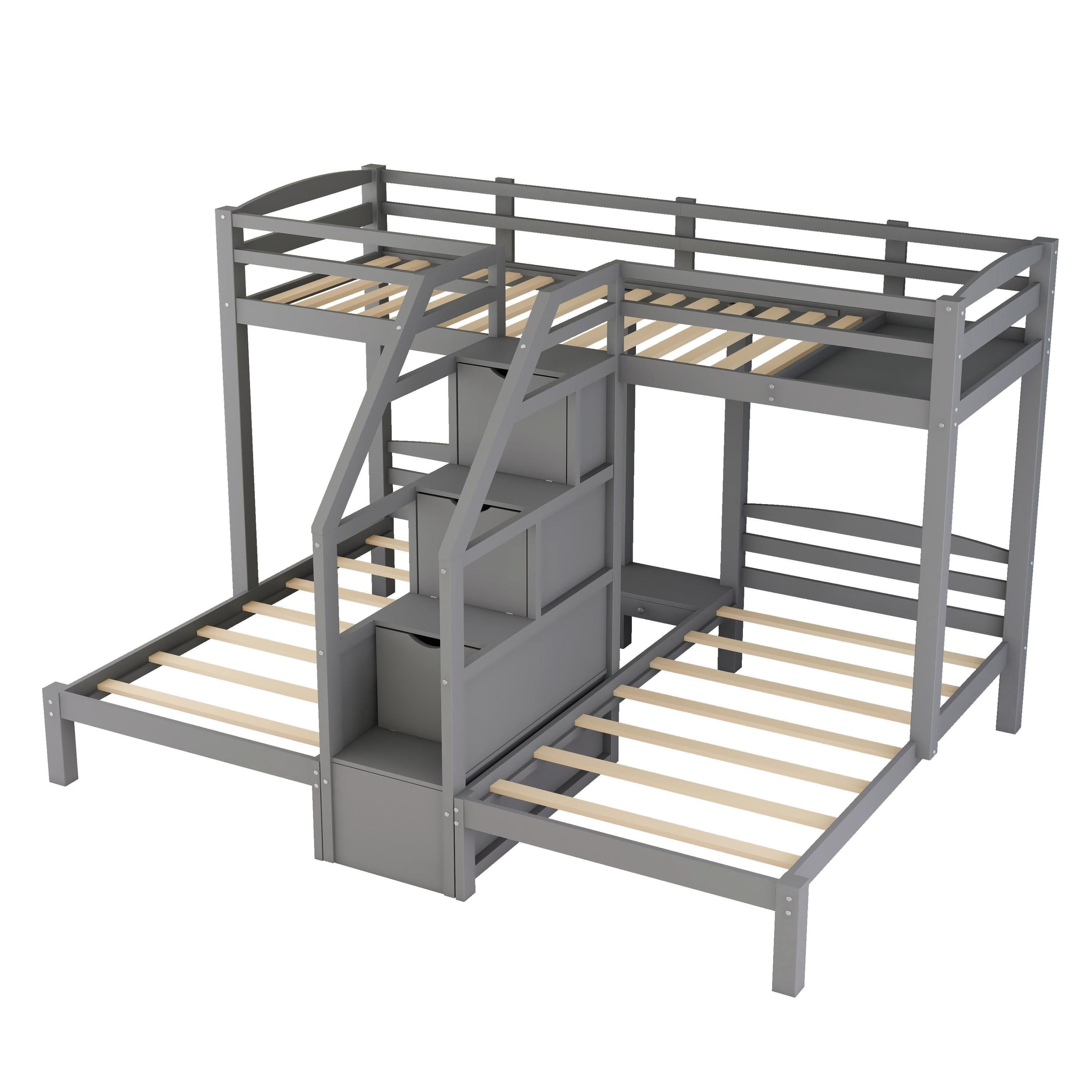 Twin over Twin & Twin Bunk Bed with Built-in Staircase and Storage Drawer,Gray - Atlantic Fine Furniture Melbourne FL