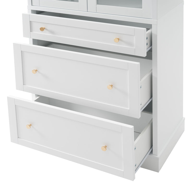 Freestanding Tall Bathroom Cabinet With 2 Adjustable Shelves, 3 Drawers, Soft Close Glass Doors - White