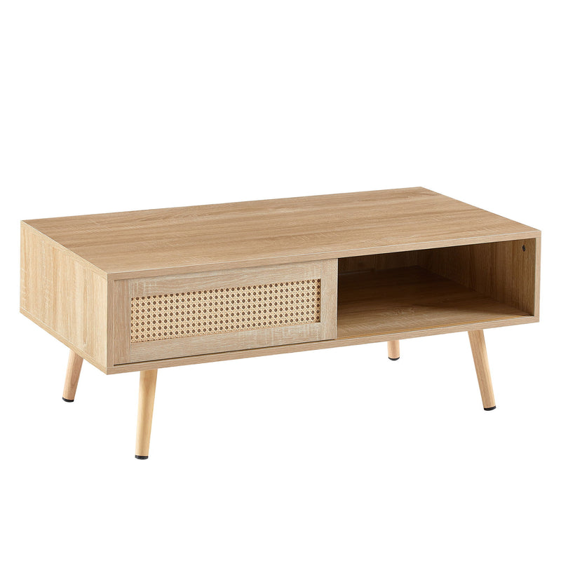 41.34" Rattan Coffee Table, Sliding Door For Storage, Solid Wood Legs, Modern Table For Living Room