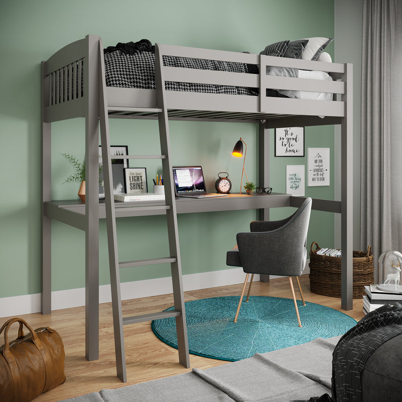 Everest Grey High Loft Bed with Desk and Storage Heavy Duty Solid Wood Full Size Loft Bed Frame with Stairs for Kids and Toddlers No Box Spring Needed Atlantic Fine Furniture