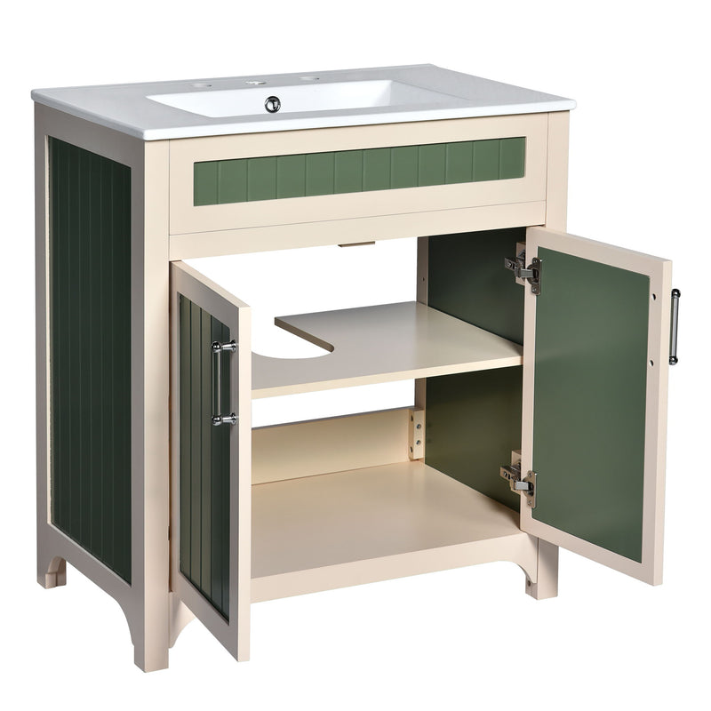 Bathroom Vanity Cabinet With Ceramic Sink Combo Set, Frame Modern Bathroom Storage Cabinet With Height Adjustable Shelf - Beige / Green
