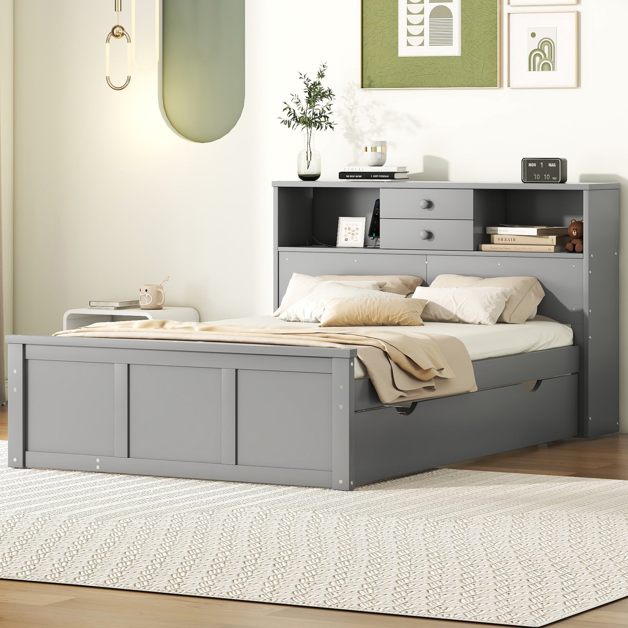 Full Size Wood Pltaform Bed with win Size Trundle, 3 Drawers, Upper Shelves and a set of USB Ports & Sockets, Gray - Atlantic Fine Furniture Melbourne FL
