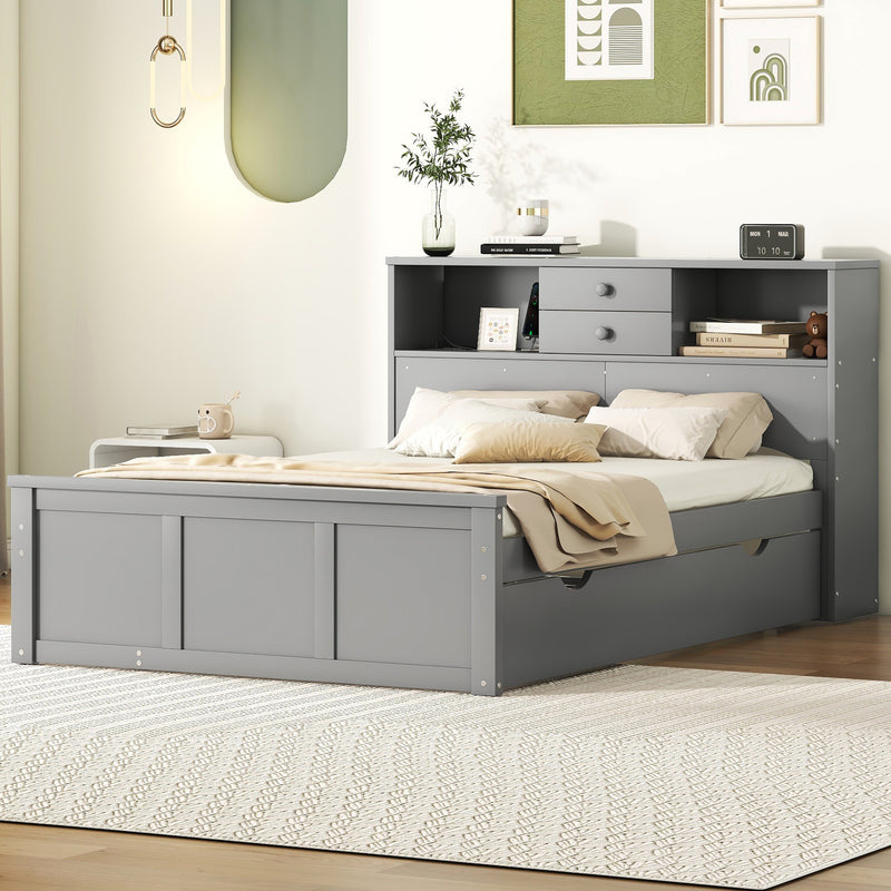 Full Size Wood Pltaform Bed with win Size Trundle, 3 Drawers, Upper Shelves and a set of USB Ports & Sockets, Gray