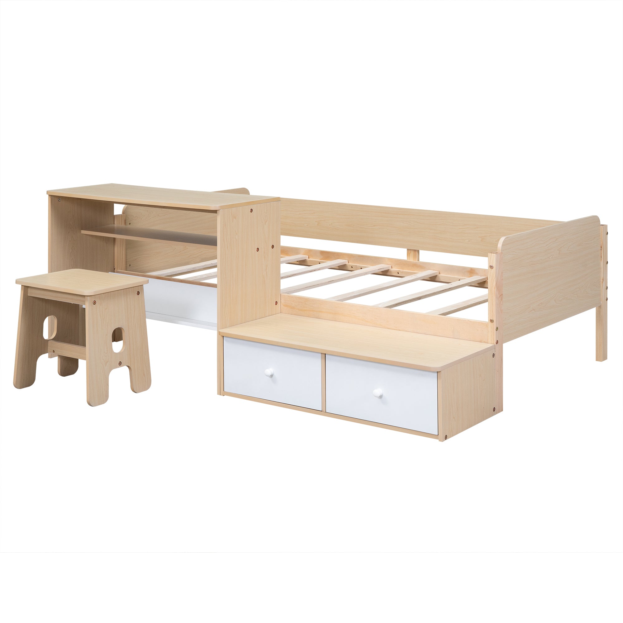 Wood Twin Size Platform Bed with 2 Drawers and 1 Chair&Desk Set, Natural+White - Atlantic Fine Furniture Melbourne FL