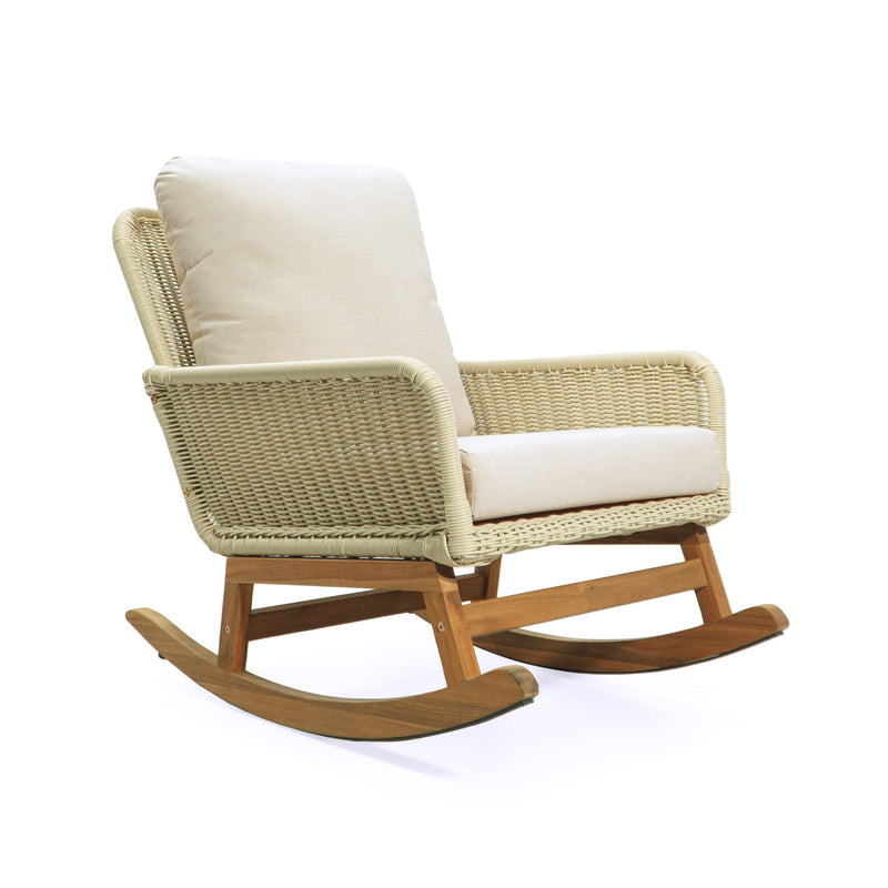 Contemporary Minimalist Wicker Rocking Chair Set With Soft Polyester Cushions And Durable Wooden Frame For Indoor And Outdoor Spaces - Ivory