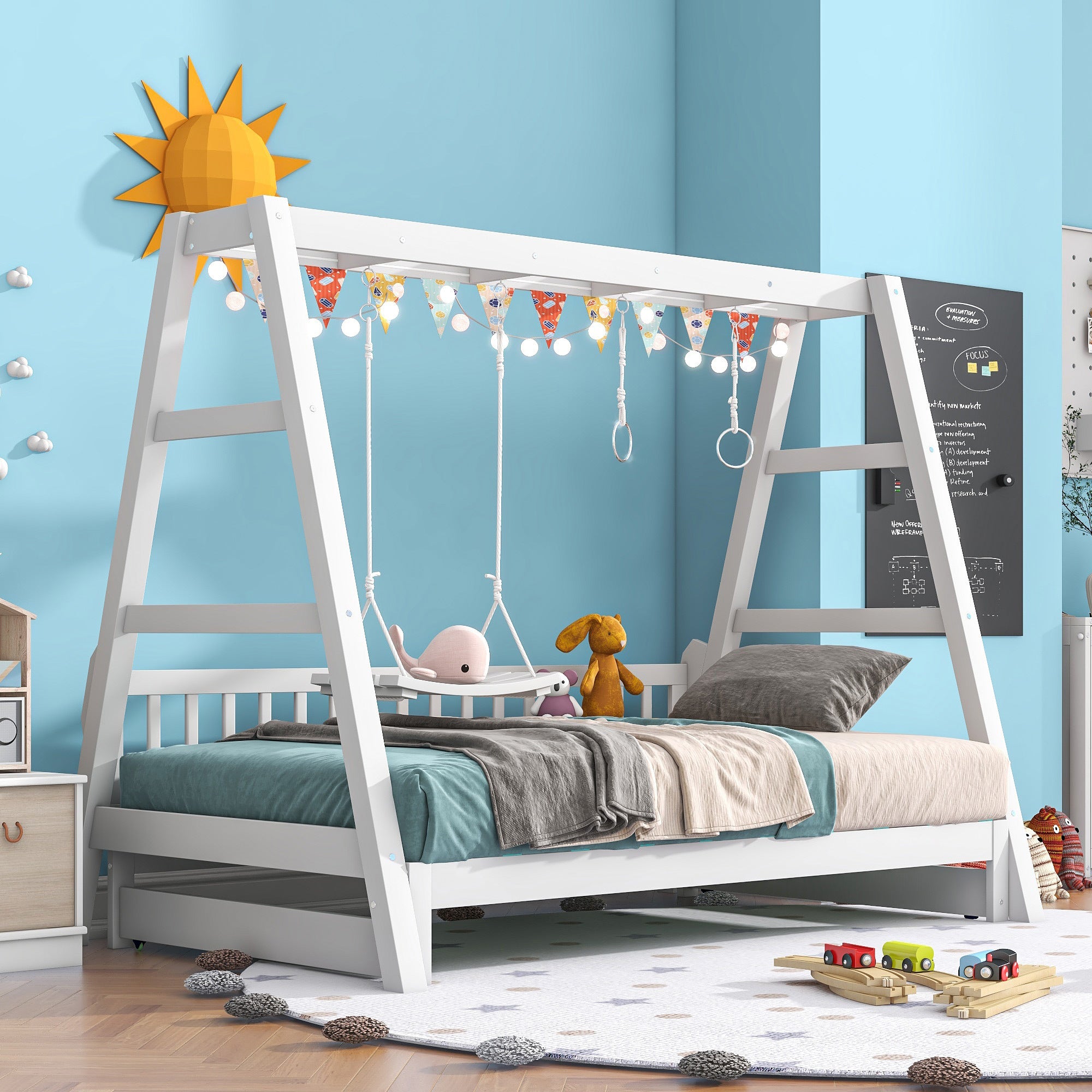 Extendable Twin Daybed with Swing and Ring Handles, White(Twin bed can be pulled out to be King) - Atlantic Fine Furniture Melbourne FL