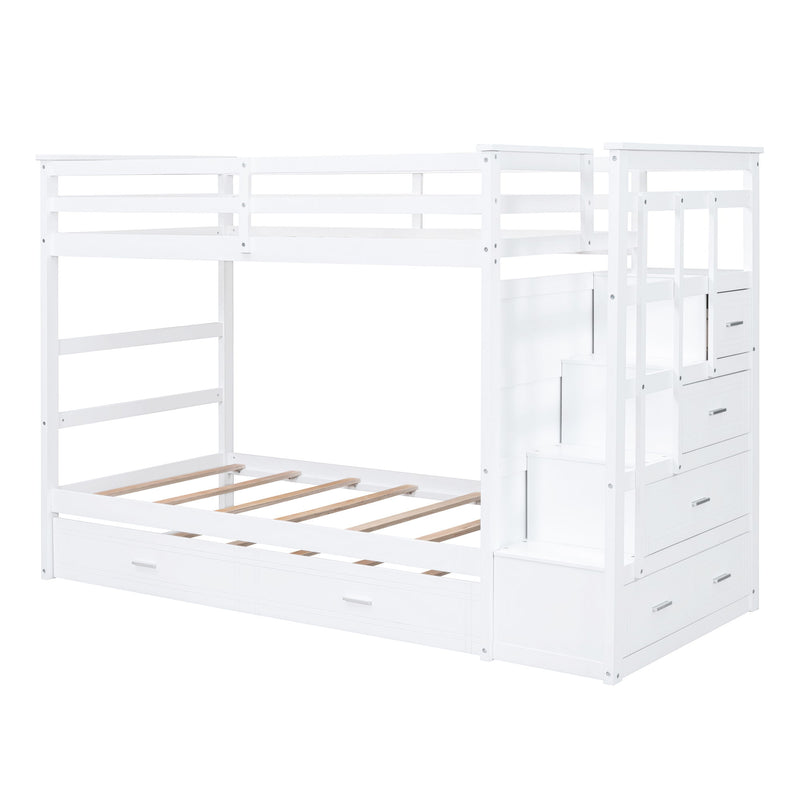 Twin Over Twin Bunk Bed With Trundle And Staircase - White