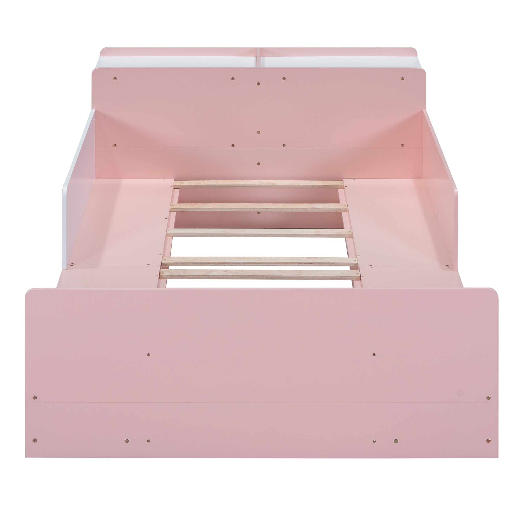 Wood Full Size Platform Bed with Storage Headboard, Guardrails and 4 Underneath Cabinets, Pink - Atlantic Fine Furniture Melbourne FL