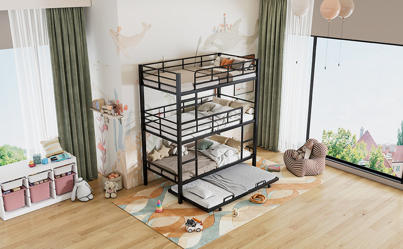 Metal Twin Size Triple Bunk Bed With Trundle, Black