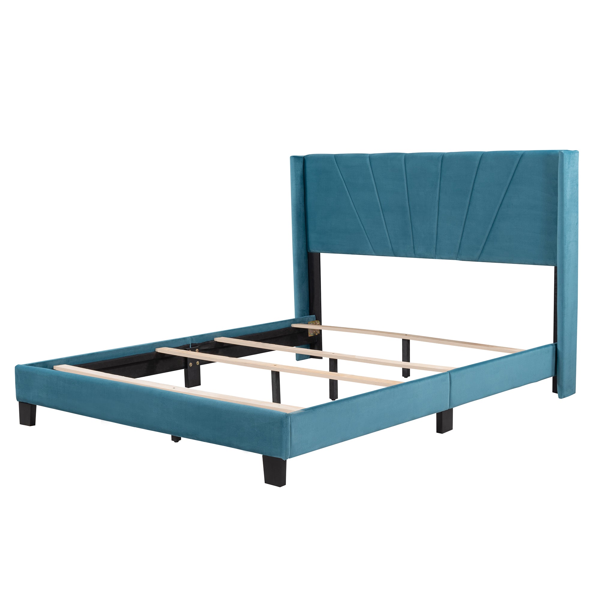 Queen Size Velvet Upholstered Platform Bed, Box Spring Needed - Blue - Atlantic Fine Furniture Melbourne FL