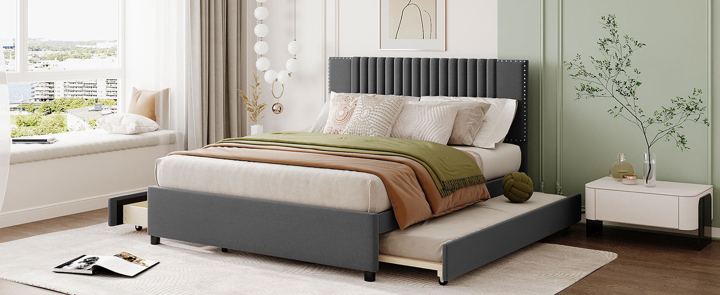 Queen Size Upholstered Platform Bed with 2 Drawers and 1 Twin XL Trundle, Classic Headboard Design, Gray - Atlantic Fine Furniture Melbourne FL