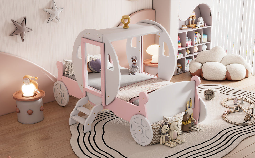 Twin size Princess Carriage Bed with Crown ,Wood Platform Car Bed with Stair,White+Pink - Atlantic Fine Furniture Melbourne FL