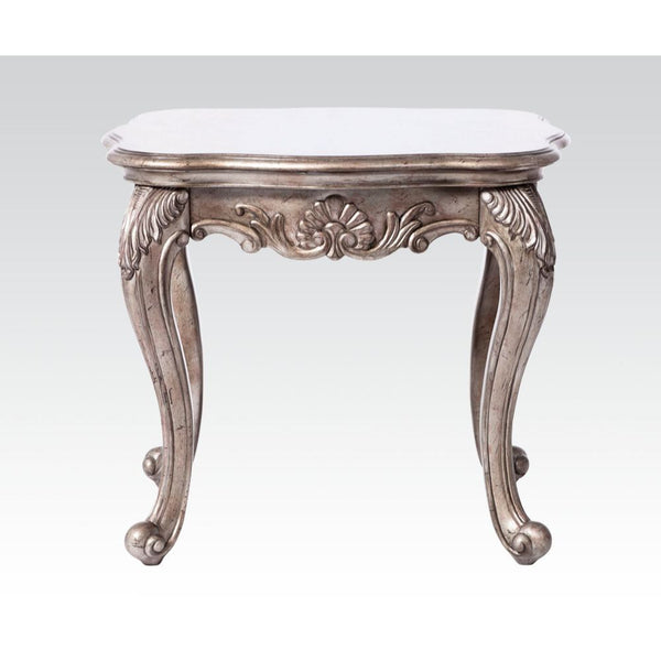 KD, Square End Table w/Marble Top • Curved Apron w/Scrolled Ornamental Details • Leg: Queen Anne w/Leaf Accent