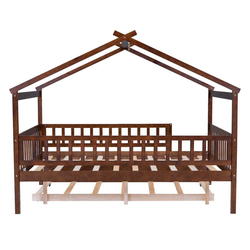 Full Size Wooden House Bed with Twin Size Trundle, Walnut