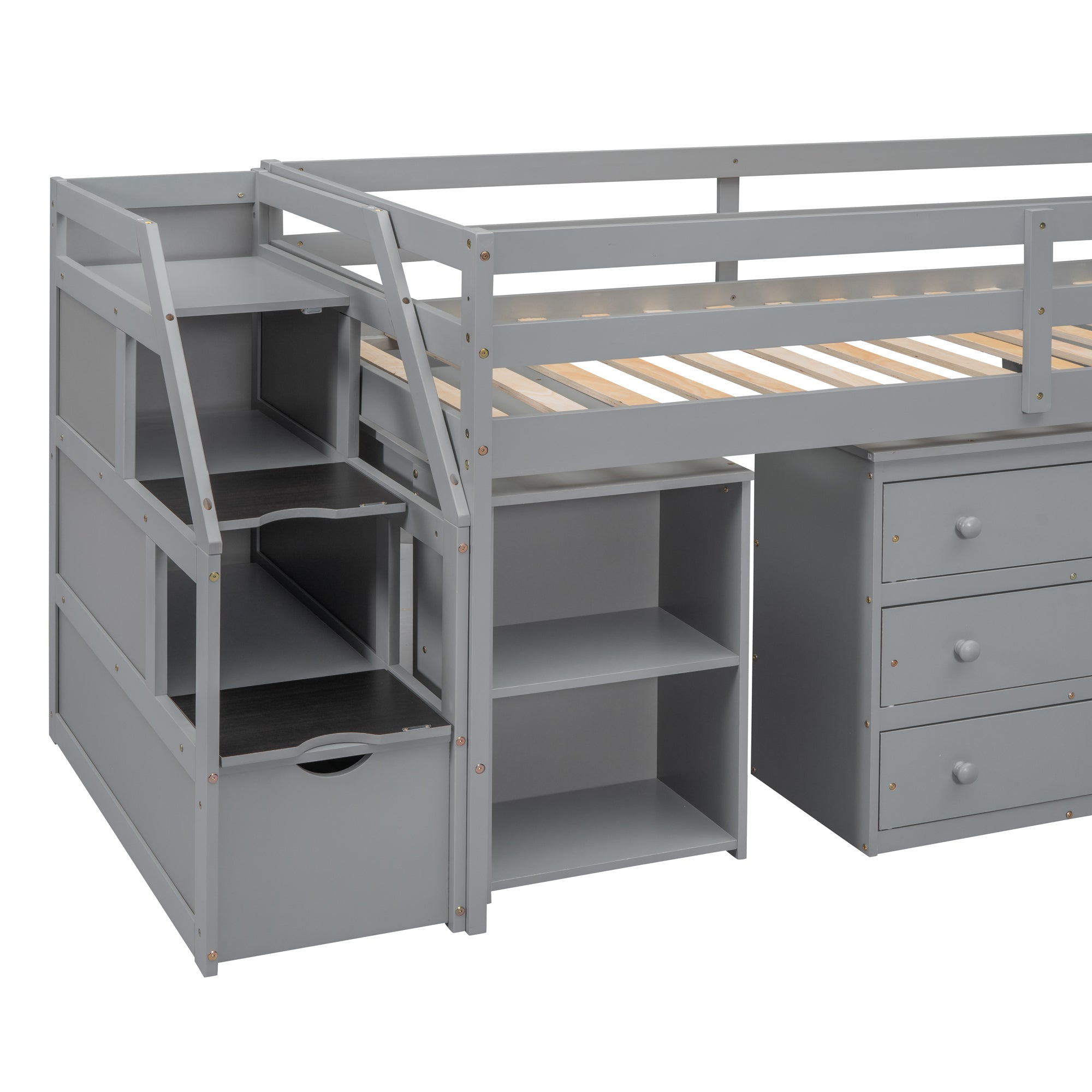 Twin Size Loft Bed with Retractable Writing Desk and 3 Drawers, Wooden Loft Bed with Storage Stairs and Shelves, Gray - Atlantic Fine Furniture Melbourne FL