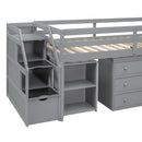 Twin Size Loft Bed with Retractable Writing Desk and 3 Drawers, Wooden Loft Bed with Storage Stairs and Shelves, Gray