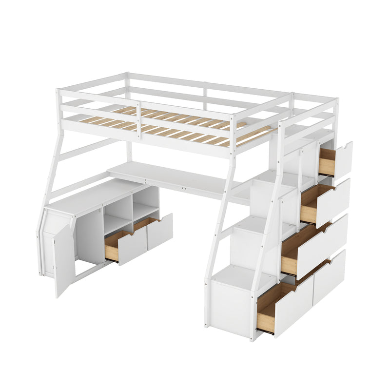 Twin Size Loft Bed with 7 Drawers 2 Shelves and Desk - White