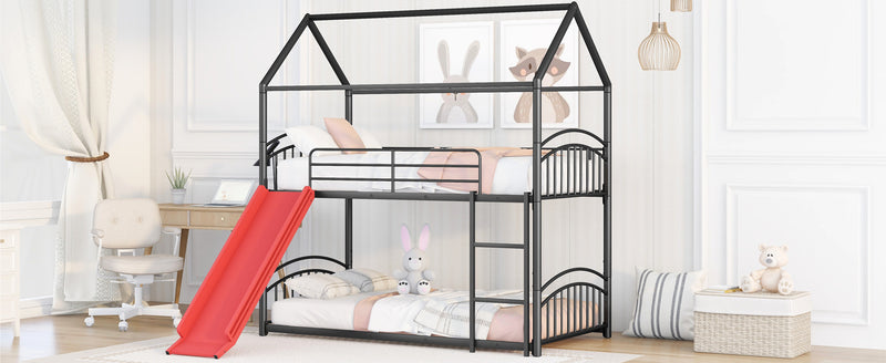 Twin Over Twin Metal Bunk Bed With Slide,Kids House Bed Black+Red