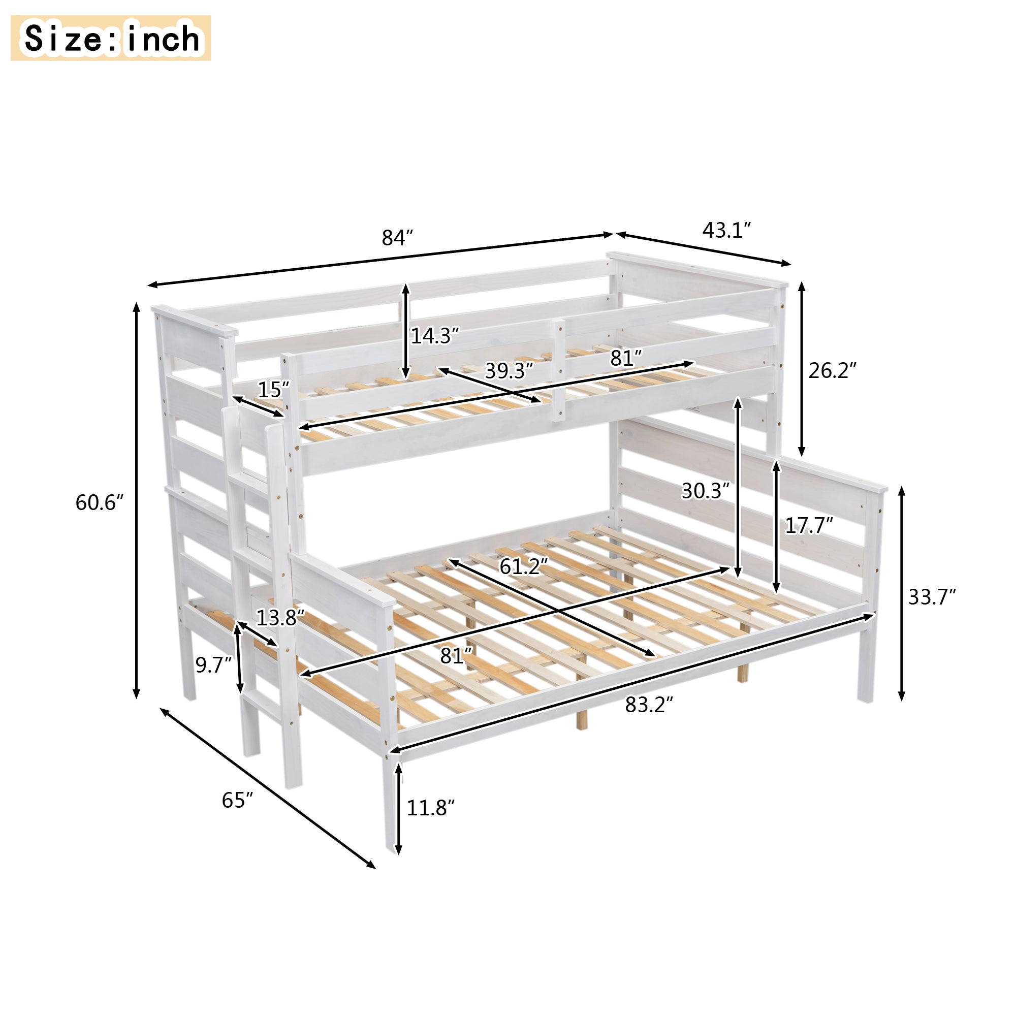 Wood Twin XL over Queen Bunk Bed with Ladder, White - Atlantic Fine Furniture Melbourne FL