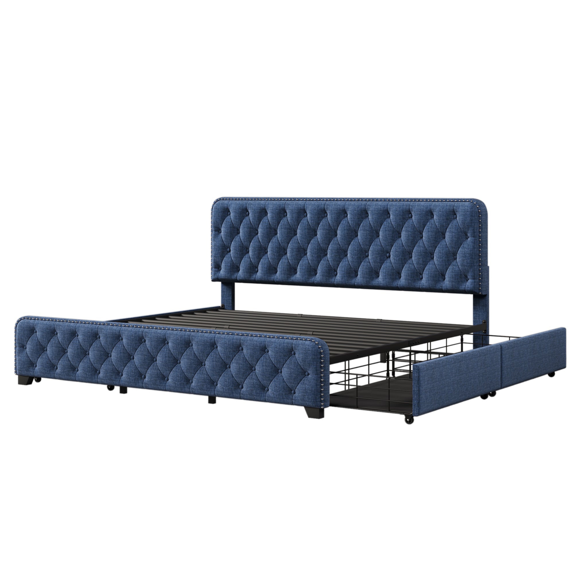 Upholstered Platform Bed Frame with Four Drawers, Button Tufted Headboard and Footboard Sturdy Metal Support, No Box Spring Required, Blue, King (Old sku: BS300277AAC) - Atlantic Fine Furniture Melbourne FL