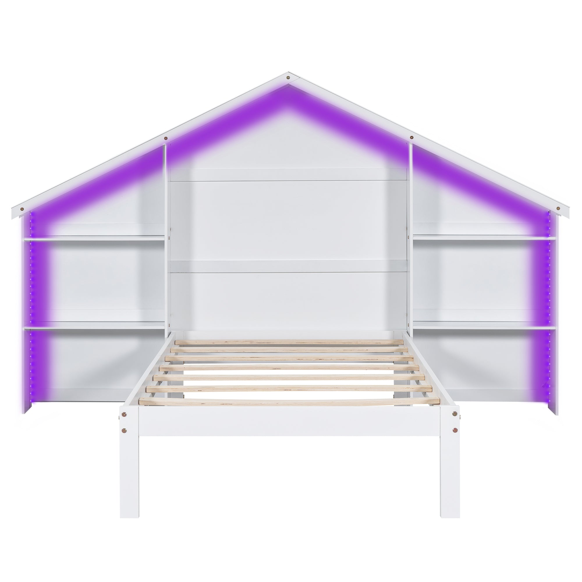 Wood Twin Size Platform Bed with House-shaped Storage Headboard and Built-in LED, White - Atlantic Fine Furniture Melbourne FL