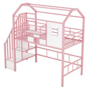 Metal Loft Bed With Roof Design And Storage Box With Guardrails And Integrated Ladder