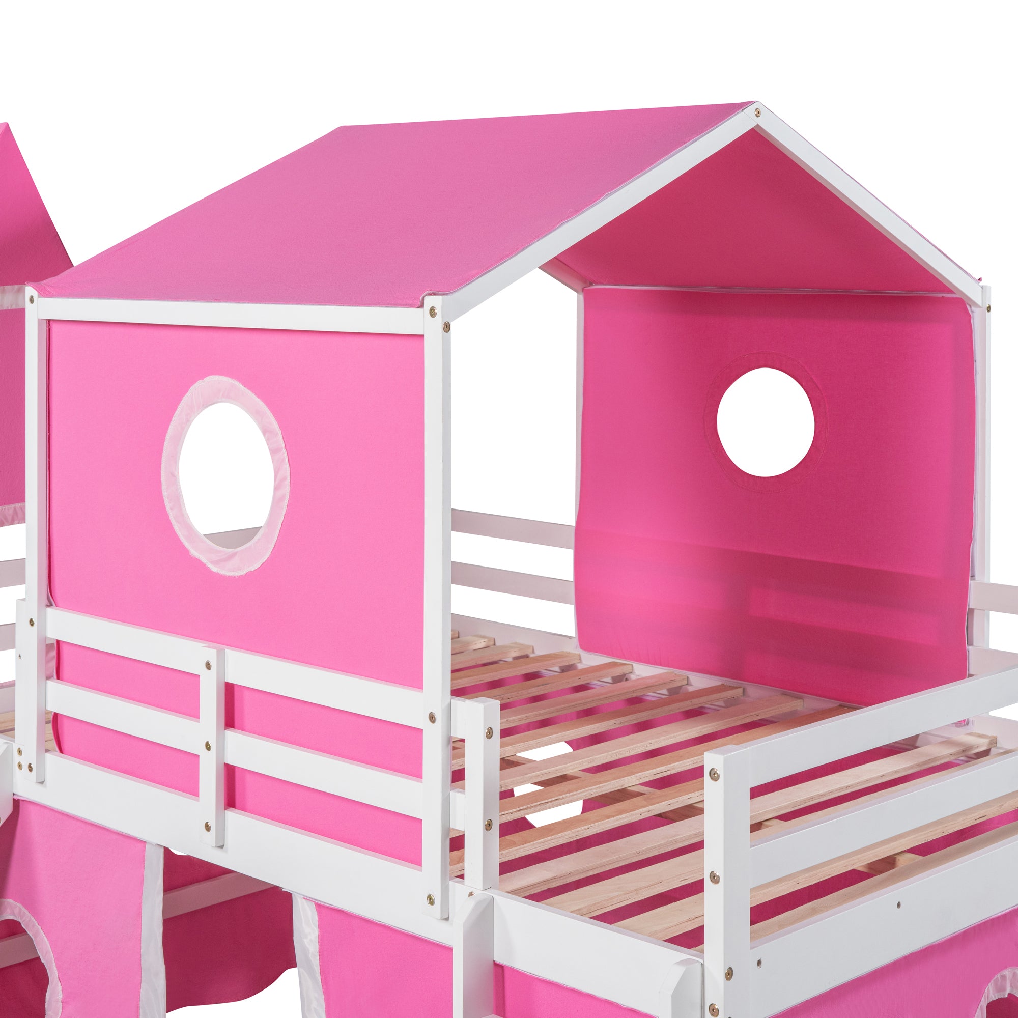 Full Size Bunk Bed with Slide Pink Tent and Tower - Pink