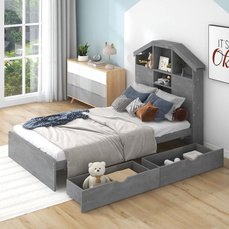 Twin Size Wood Platform Bed with House-shaped Storage Headboard and 2 Drawers, Gray