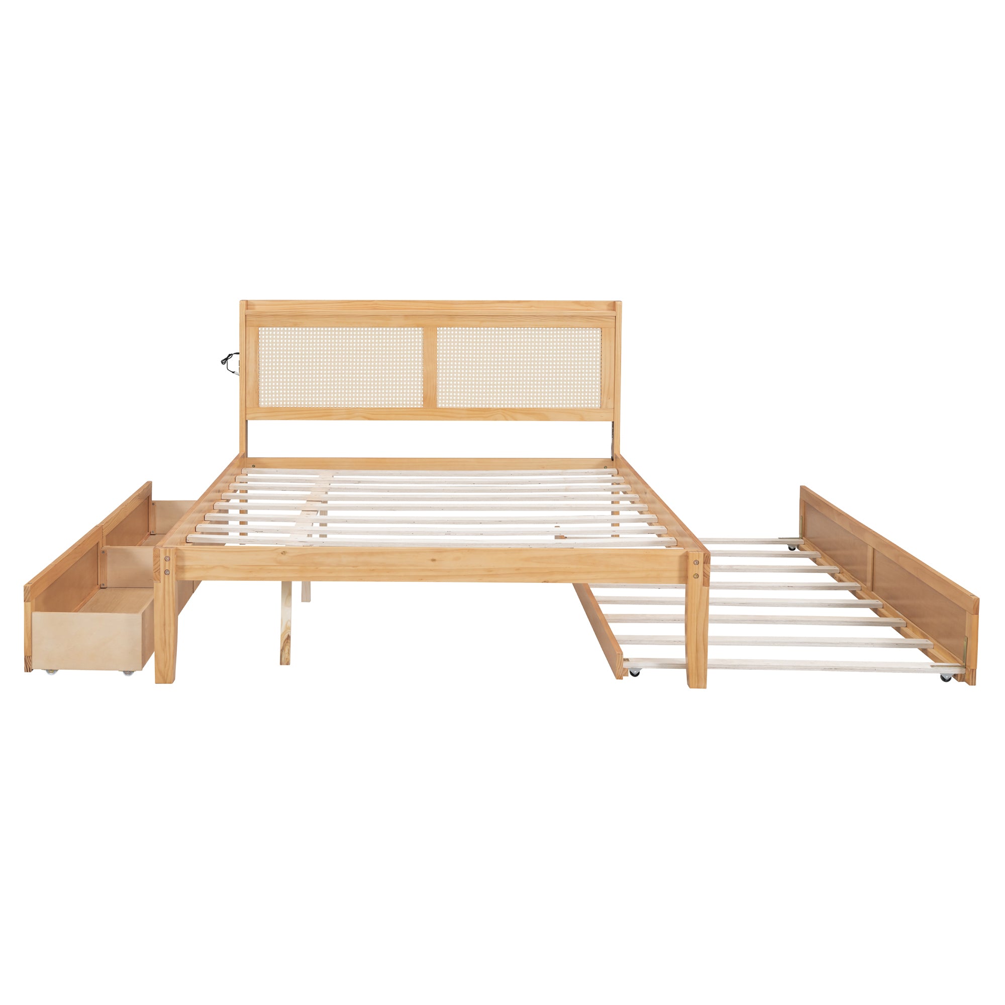 Queen Size Elegant Bed Frame with Rattan Headboard and Sockets ,Walnut - Atlantic Fine Furniture Melbourne FL