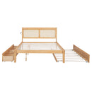 Queen Size Elegant Bed Frame with Rattan Headboard and Sockets ,Walnut